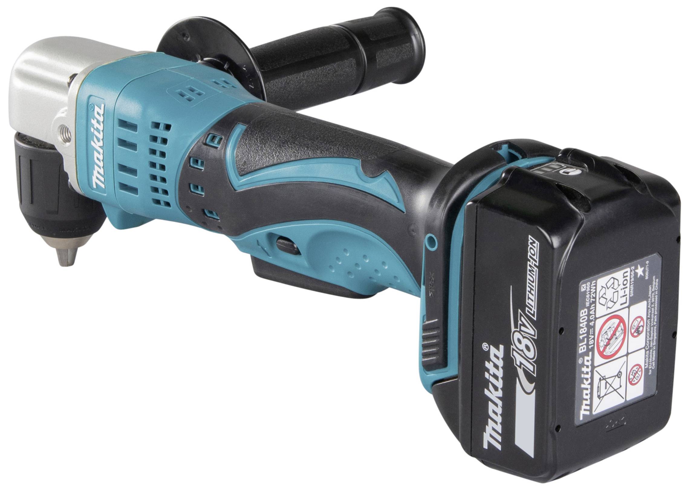 Ein Akku-Winkelschrauber von Makita mit 18V-Akku, blau-schwarz, für schwer zugängliche Bereiche beim Schrauben und Bohren geeignet.