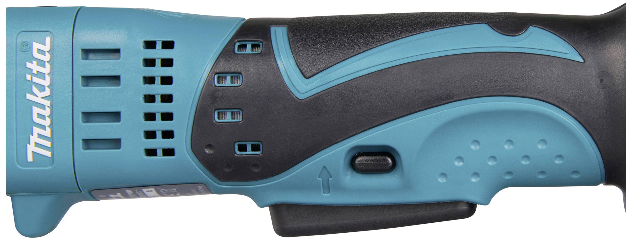 Ein blau-schwarzer, kabelloser Makita-Schraubendreher mit ergonomischem Griff, seitlich liegend, zeigt die Lüftungsschlitze und einen Schalter.