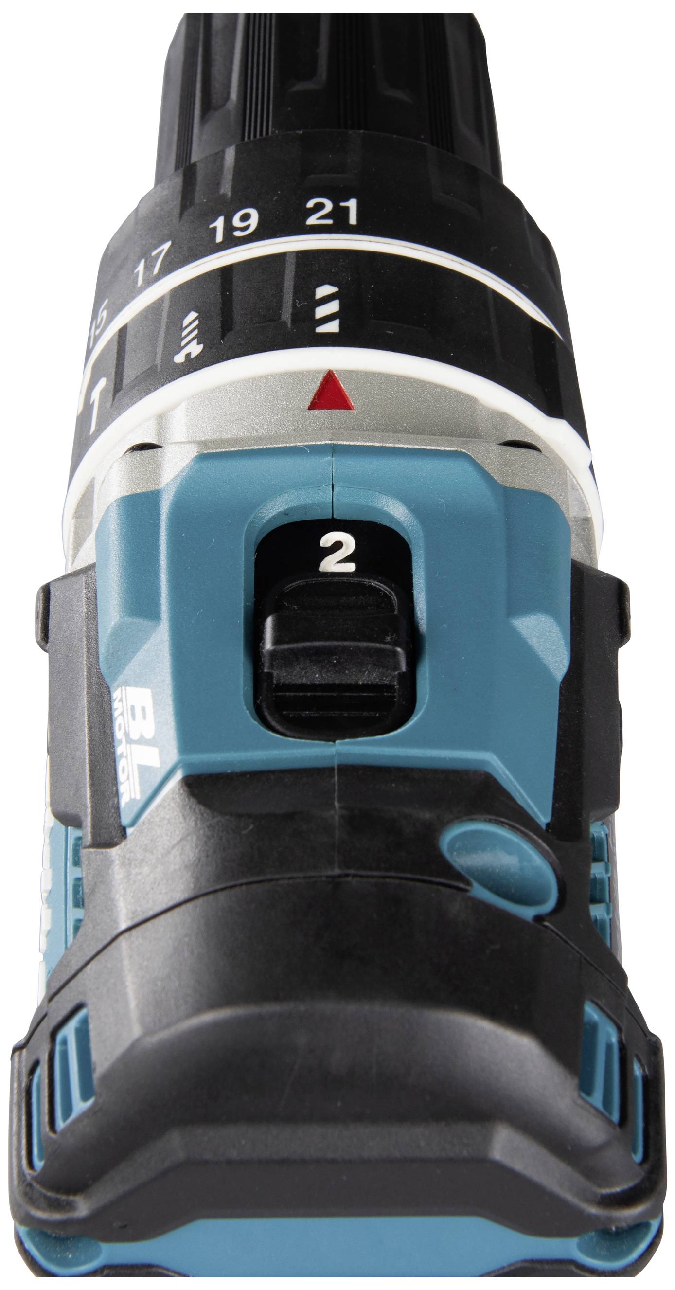 Eine blaue und schwarze Bohrmaschine mit einstellbarem Drehmoment von 1 bis 21, Highlight-Zahl 2, Richtungspfeil nach vorne.