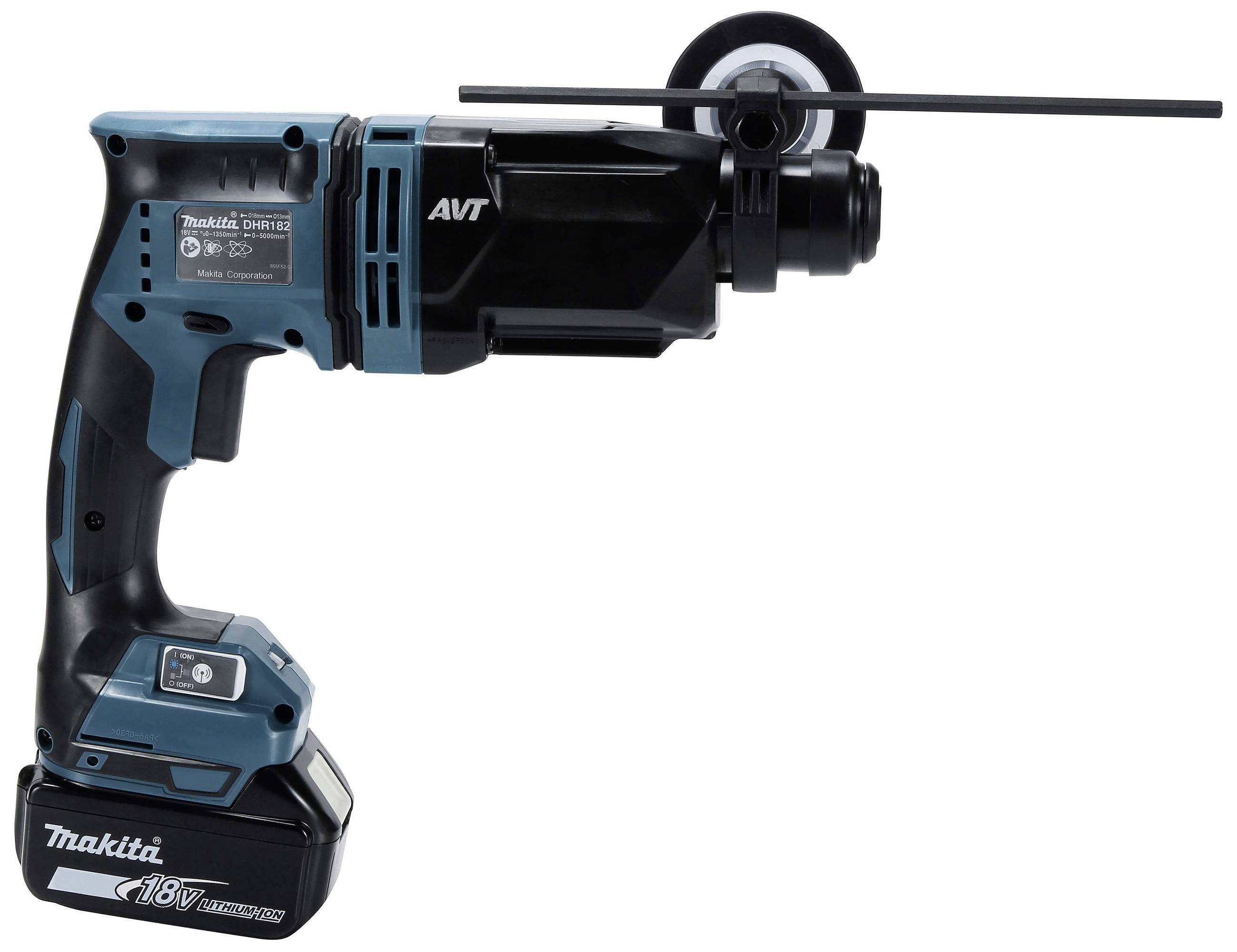 'Akkubohrhammer in Schwarz-Blau mit rotem Handgriff, zeigt seitliche Ansicht.'