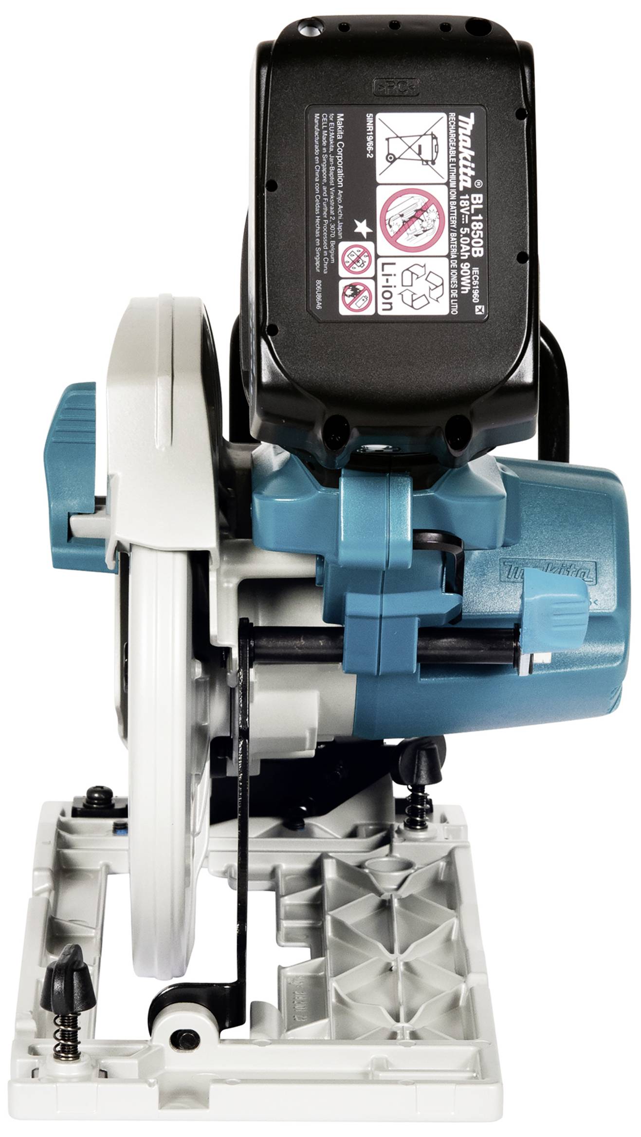 Elektrische Handkreissäge in blau-weißem Design, seitlich abgebildet. Fokus liegt auf der scharfen Kreissägeblattscheibe und ergonomischem Griff.