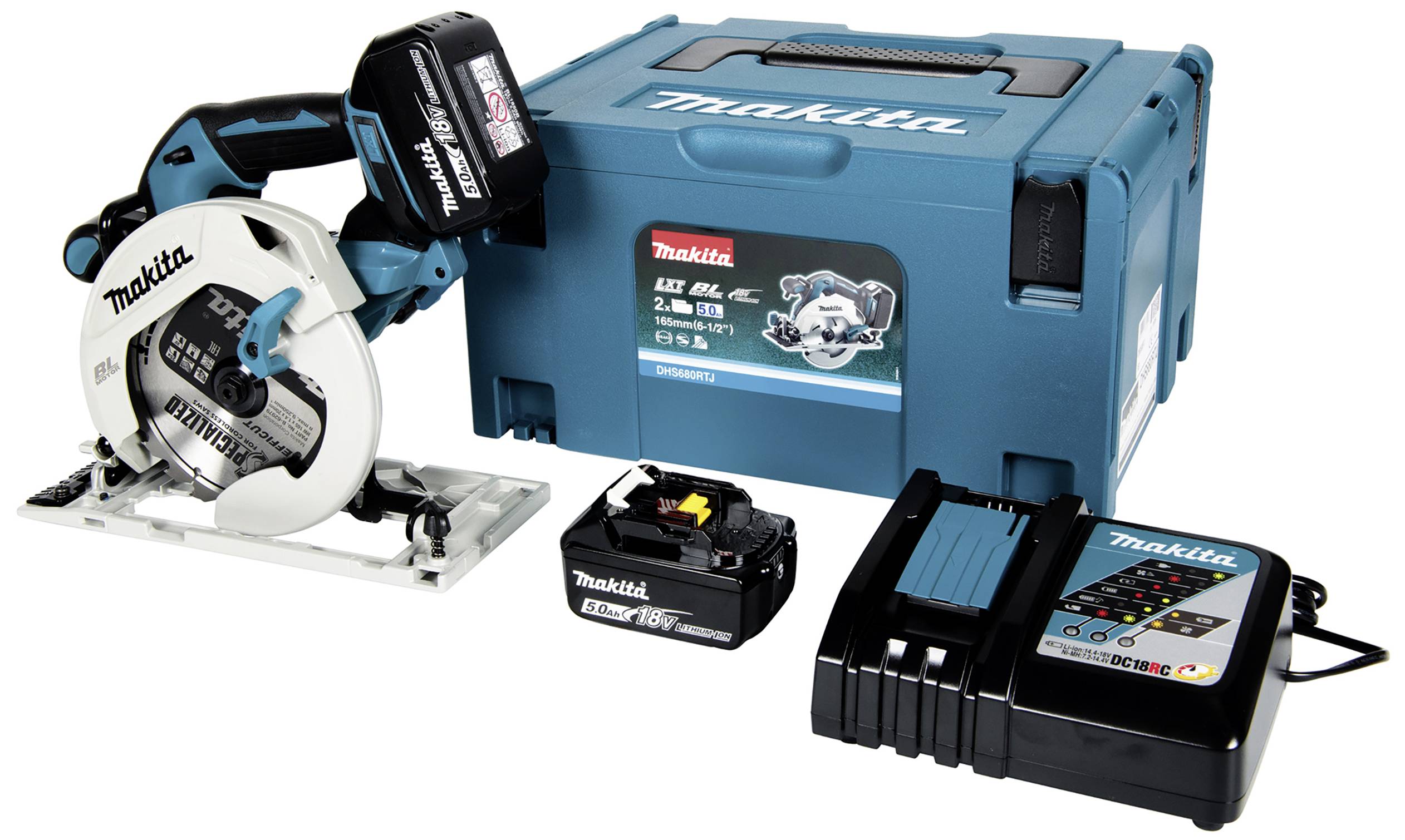 Akkubetriebene Handkreissäge von Makita, Batterieladegerät und Koffer. Geeignet für präzise Holzbearbeitung.