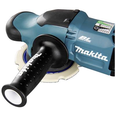 Ein elektrischer Winkelschleifer mit einem blauen Gehäuse und schwarzem Griff. Markenname auf dem Gehäuse sichtbar.