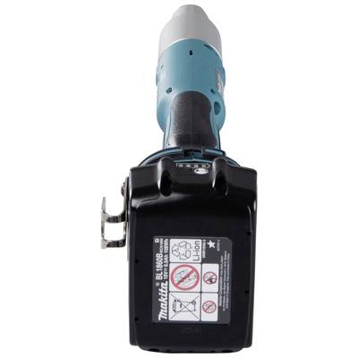 Ein kabelloser, batteriebetriebener Schraubenschlüssel von Makita, mit blauem Gehäuse und schwarzem Lithium-Ionen-Akku.