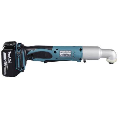 Ein blau-schwarzer Akku-Ratschenschrauber von Makita mit silbernem Kopf und 18V Batterie, zur Verwendung in engen Bereichen.