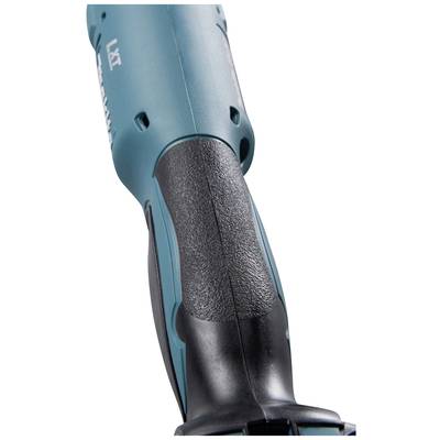 Eine Nahaufnahme einer blauen, kabellosen Elektrowerkzeug-Griff. Der Griff ist ergonomisch gestaltet und hat eine schwarze Gummibeschichtung für besseren Halt.