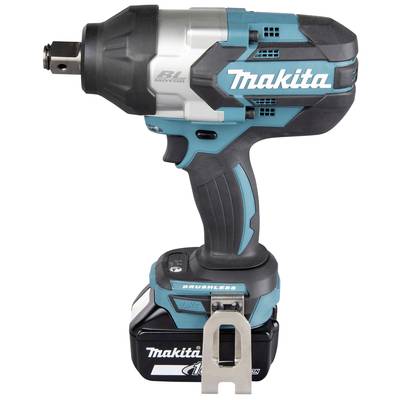 Ein kabelloser Schlagschrauber von Makita mit bürstenlosem Motor, blau-schwarzes Gehäuse und einem Akku am unteren Ende.