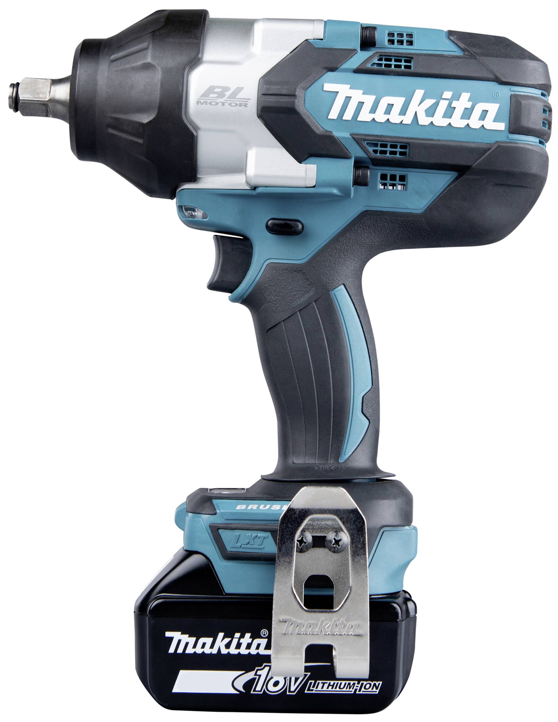 Ein blauer und schwarzer Akku-Schlagschrauber der Marke Makita, Modell mit bürstenlosem Motor und 18V Lithium-Ionen-Akku.