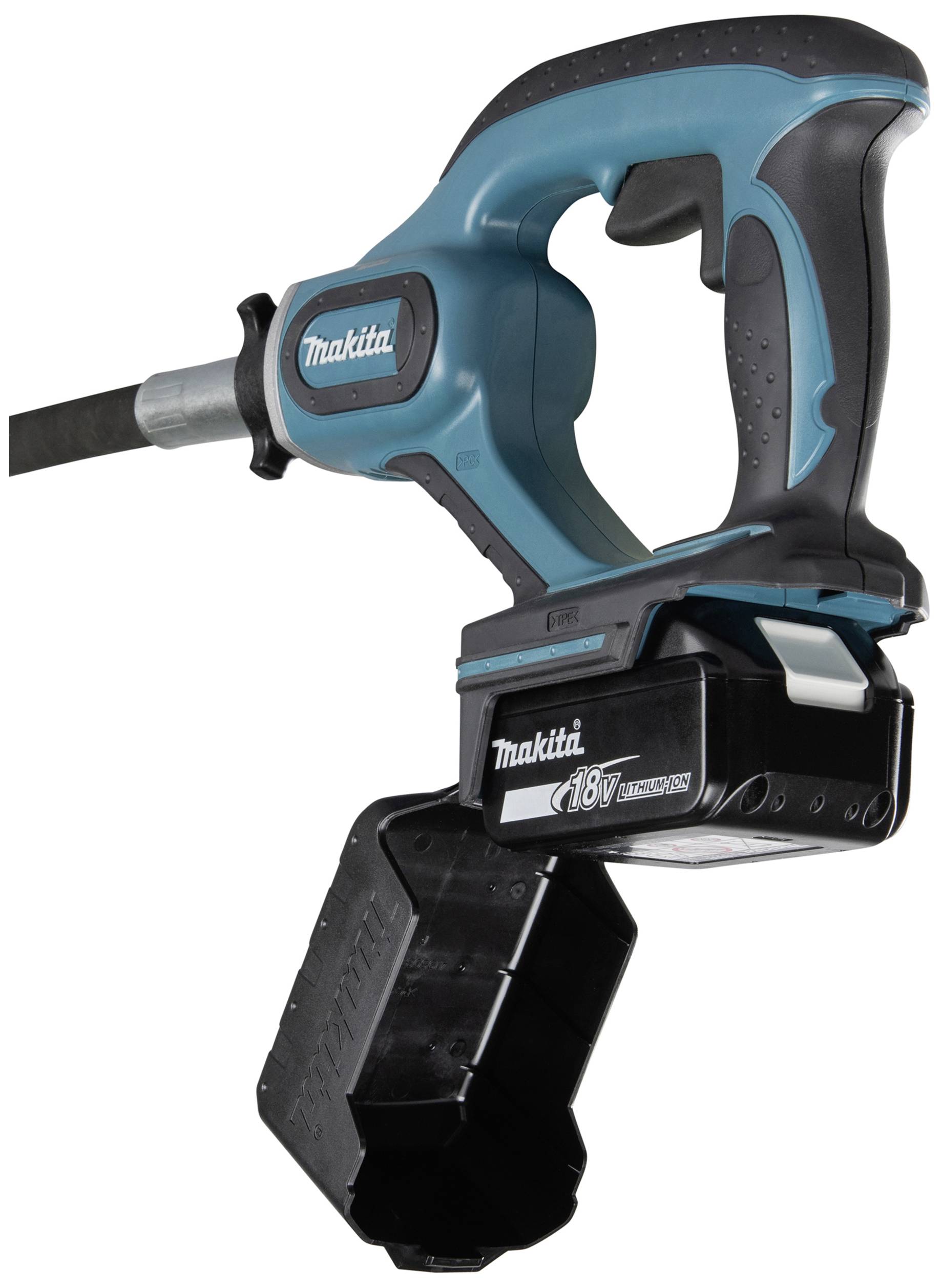 Eine kabellose Makita 18V Reciprosäge, geeignet für die Holz- und Metallbearbeitung, mit ergonomischem Griff und Akku unten angebracht.