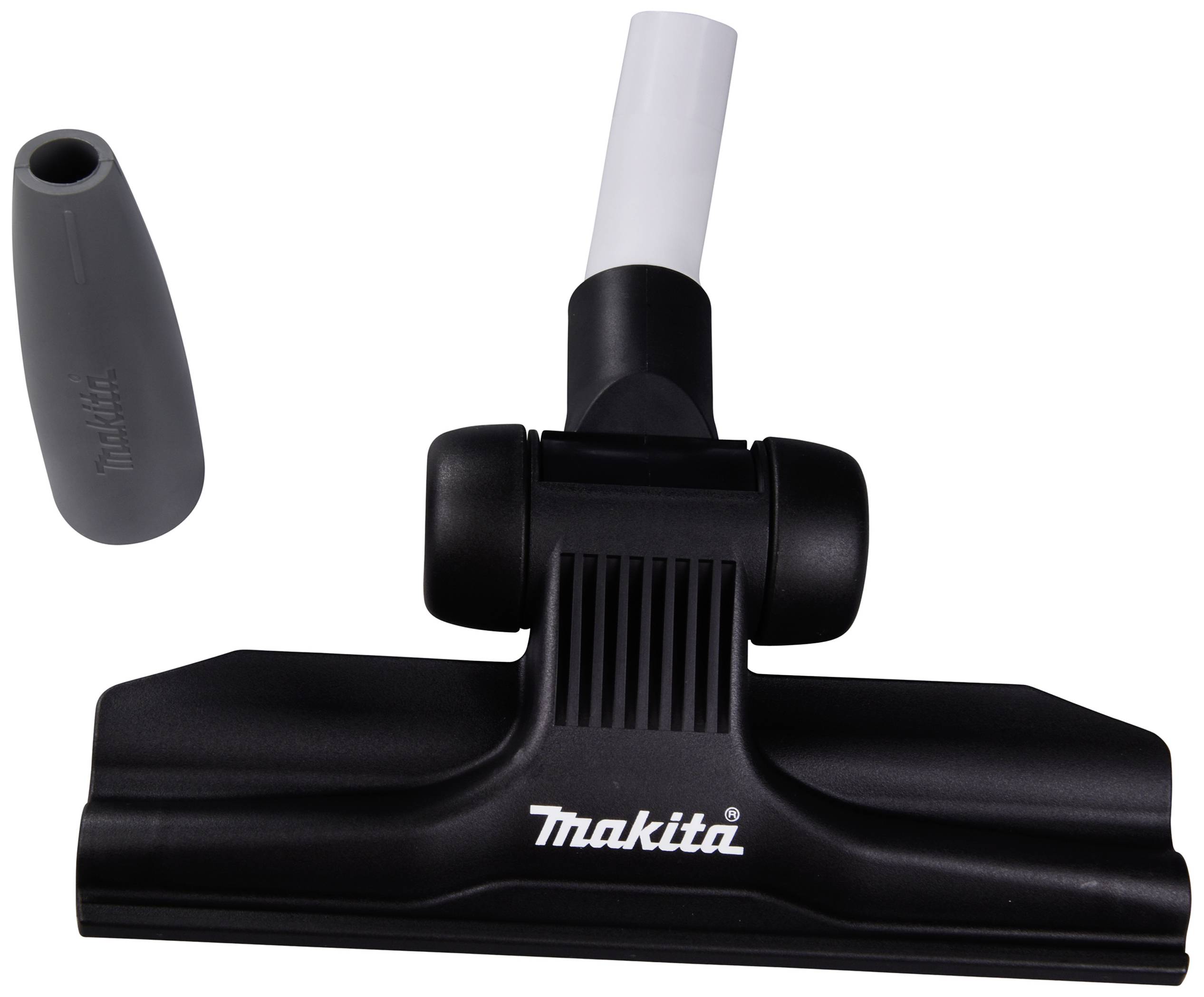 Schwarze Staubsaugerdüse mit 'Makita'-Logo in der Mitte, neben einer grauen Düsenspitze.