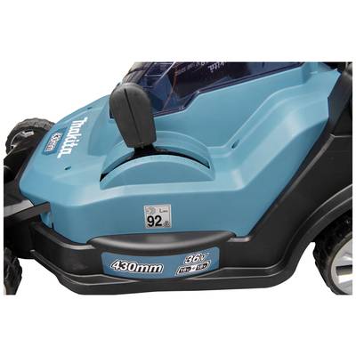 Rasenmäher in Blau-Schwarz mit 430mm Schnittbreite und 36V-Antrieb; Nahaufnahme zeigt Details wie Schalter und Markenlogo.