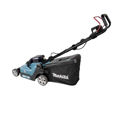 Elektro-Rasenmäher von Makita in Blau und Schwarz mit Grasfangkorb.