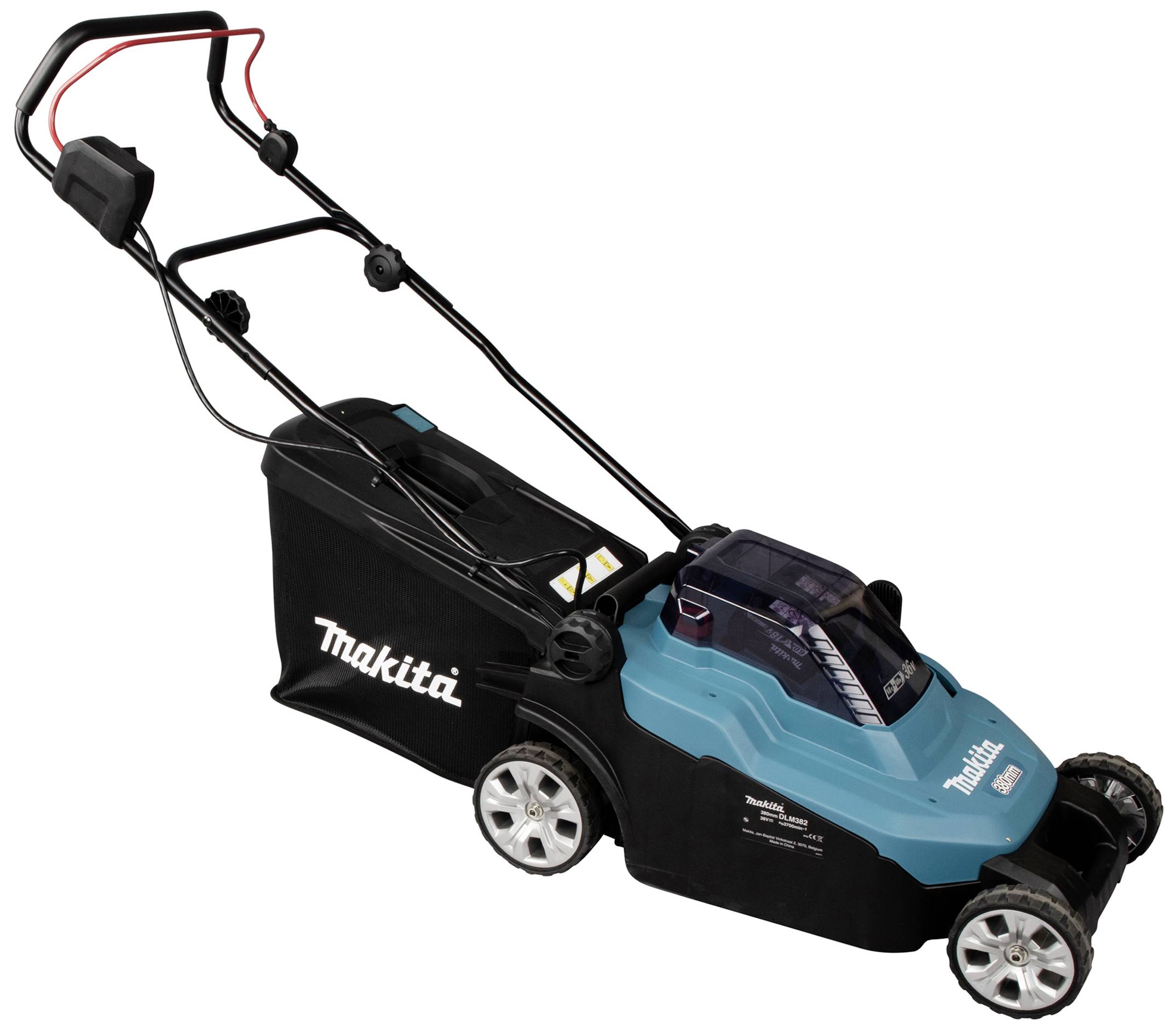 'Elektrischer Rasenmäher von Makita mit blau-schwarzem Gehäuse, Fangkorb und einstellbarer Griffhöhe, geeignet für mittelgroße Gärten.'