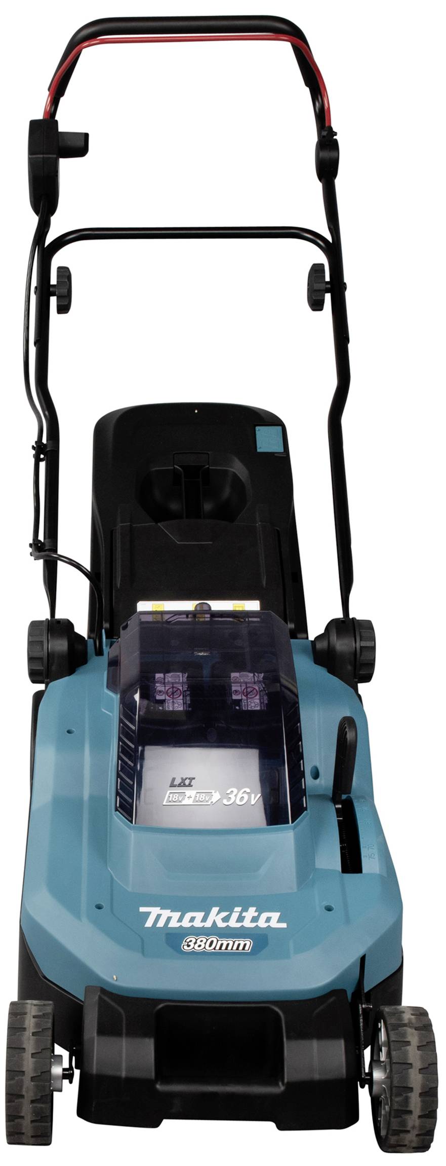 Ein blauer Rasenmäher mit schwarzem Griff und roten Akzenten, mit der Aufschrift 'Makita'.