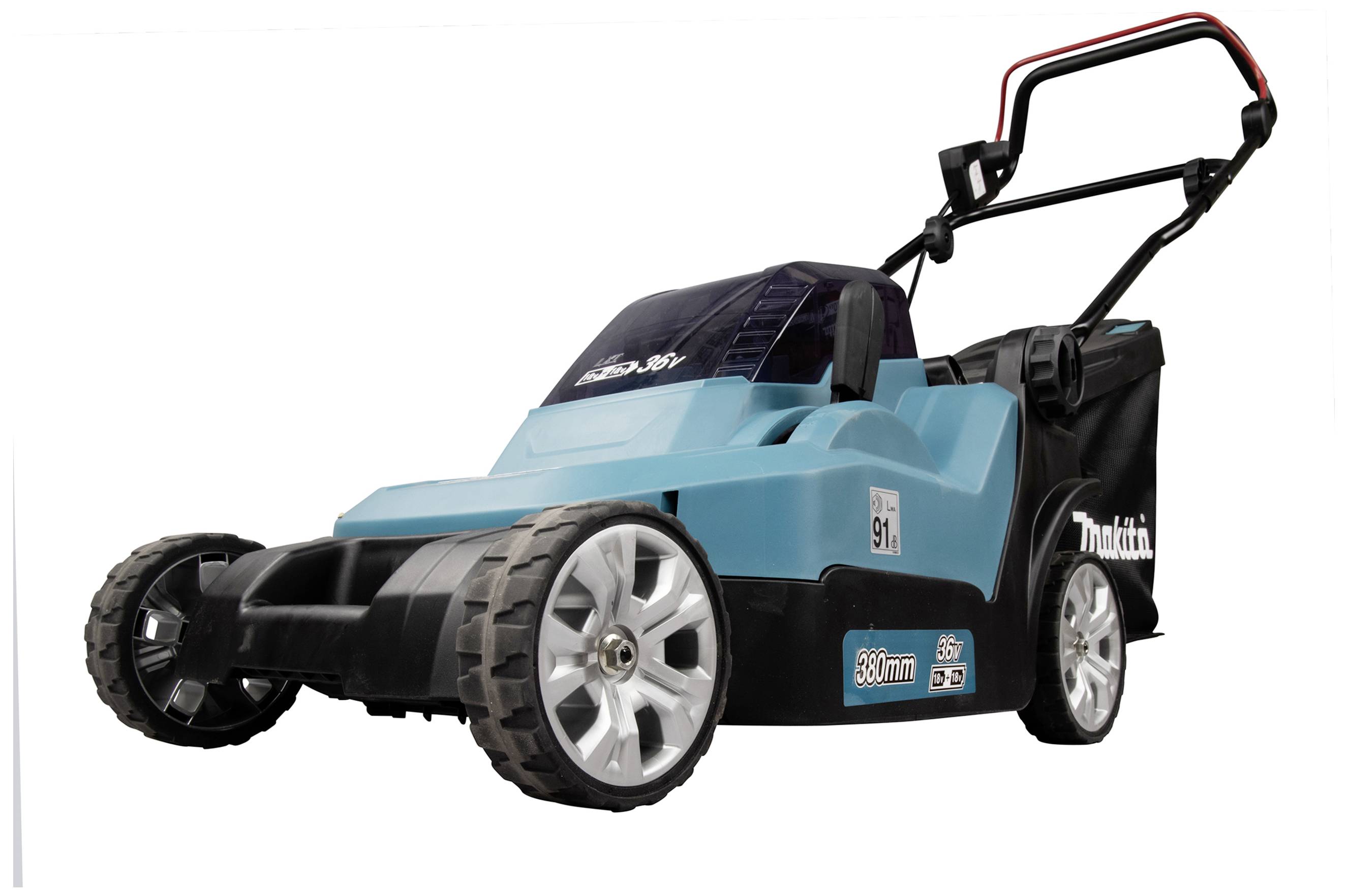 Ein blauer, batteriebetriebener Rasenmäher mit großen Rädern und einem Fangkorb hinten. Geeignet für den Rasenpflegeeinsatz.