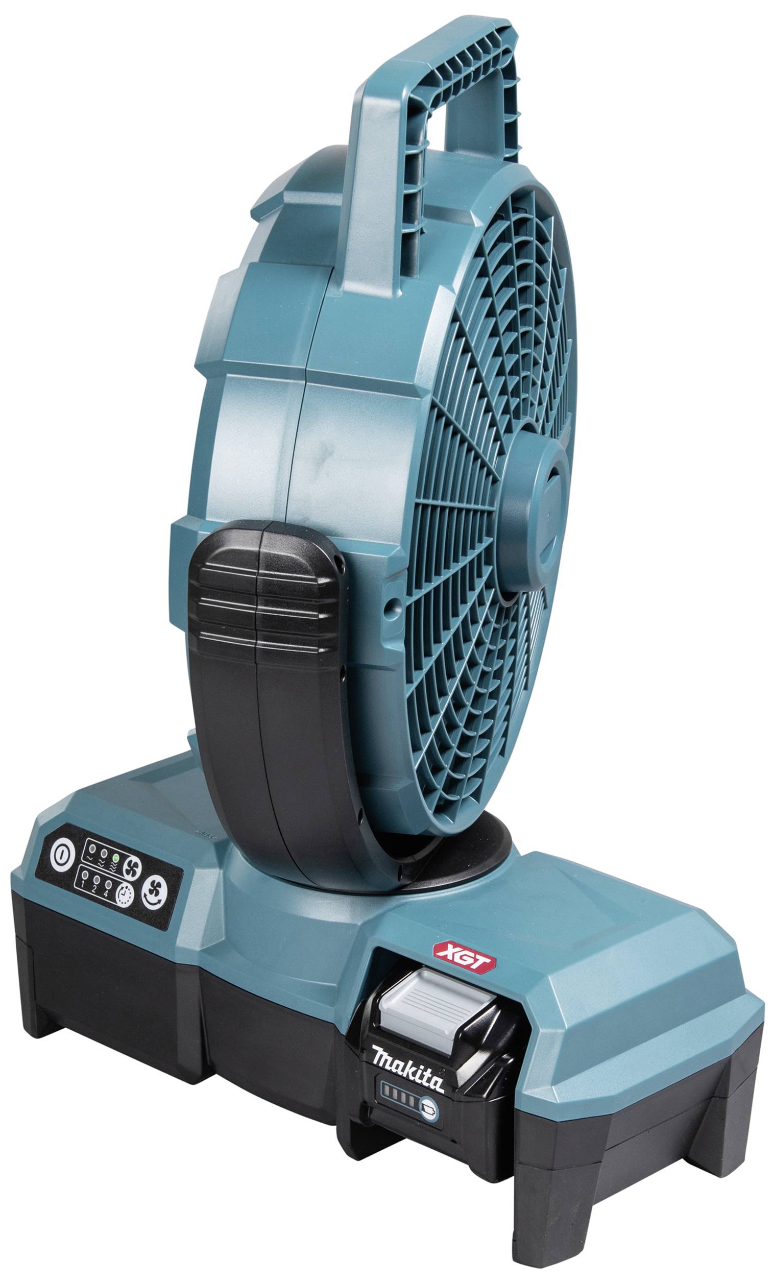 Ein tragbarer, blauer Ventilator mit Makita-Logo, montiert auf einem Gehäuse mit Akkufach und Bedienknöpfen, steht aufrecht.