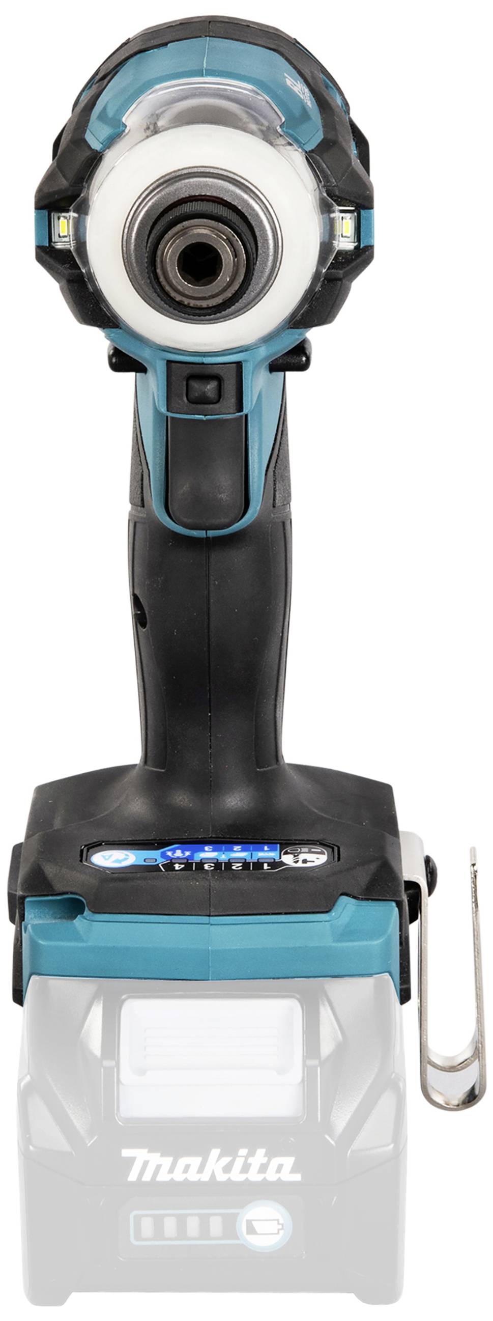 Akkuschrauber in schwarz-blauer Farbe, Vorderseite sichtbar, mit ergonomischem Griff und LED-Licht an der Vorderseite.