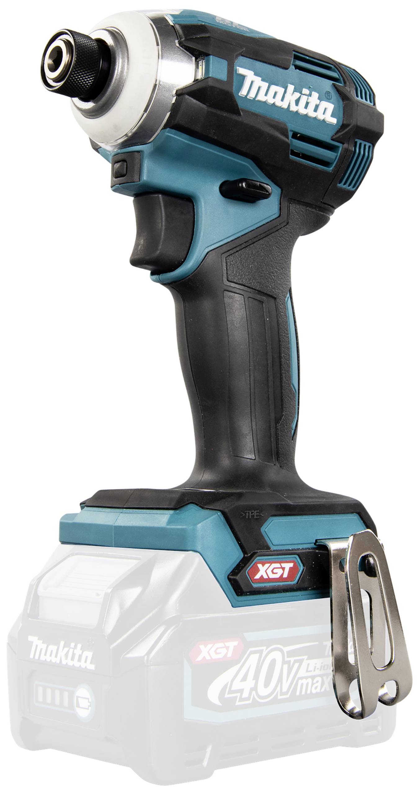 Akkuschrauber von Makita in Blau und Schwarz, Modell XGT, mit einem 40V-Akku, geeignet für professionelle Handwerksarbeiten.