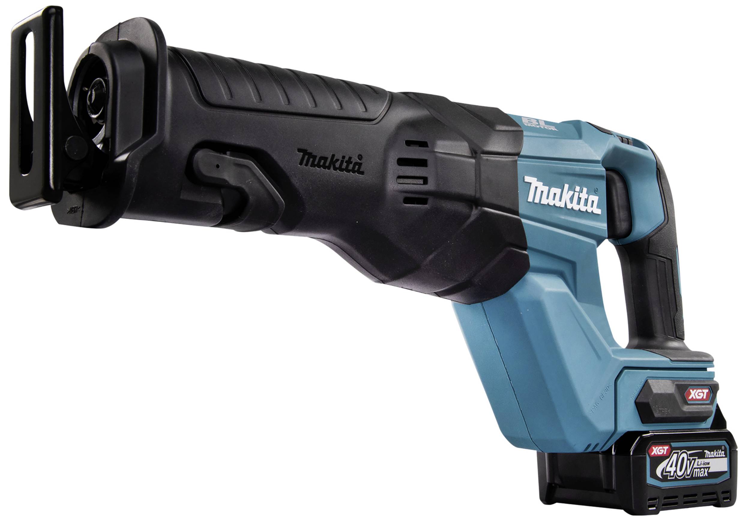 Akku-Säbelsäge von Makita, blau-schwarz, Modell XGT 40V Max. Sie ist kabellos, mit ergonomischem Griff und robustem Design.