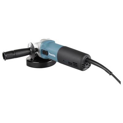 Elektrischer Winkelschleifer mit blauem und schwarzem Gehäuse, Seitengriff und Netzkabel, verwendet zum Schneiden oder Polieren von Oberflächen.