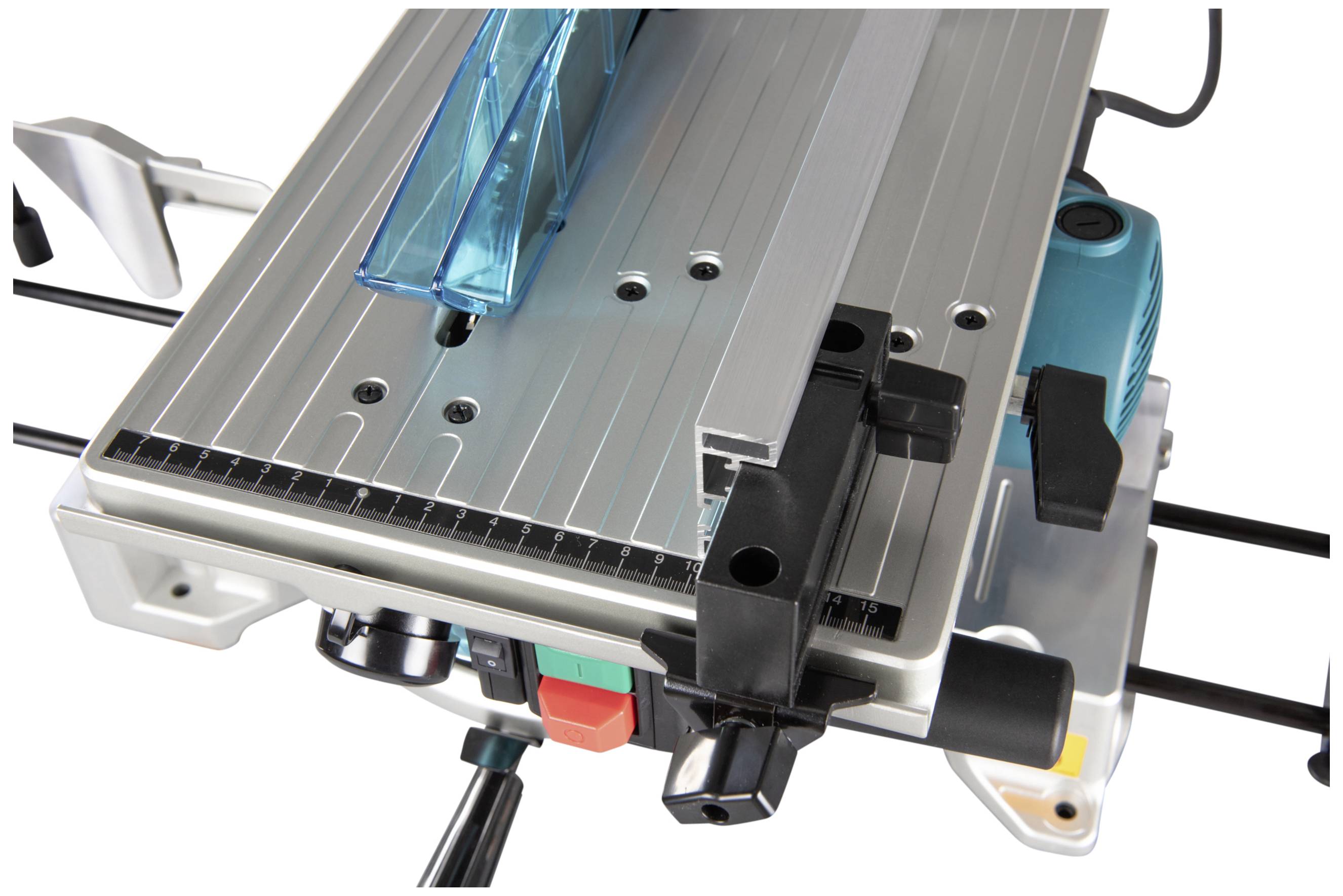 Elektrische Tischkreissäge mit Aluminiumtisch, blauer Schutzabdeckung und mehreren schwarzen Schnellverschlüssen.