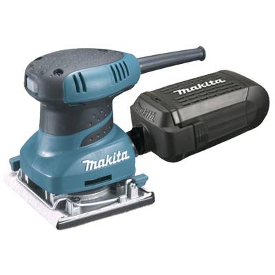 Makita Schwingschleifer mit Staubbehälter, blau-schwarz, für präzises Schleifen auf Holzoberflächen.