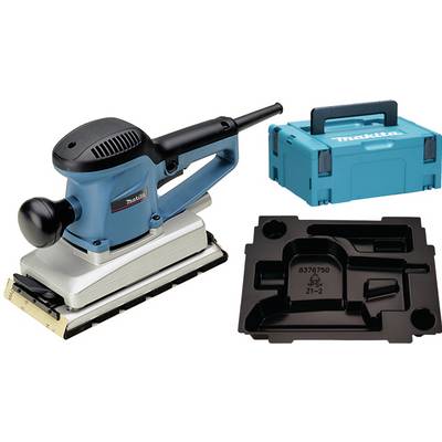 Schleifmaschine mit Griff und blauer Aufbewahrungsbox, daneben Kunststoffeinlage für Werkzeuge. Ideal für Schleifarbeiten.