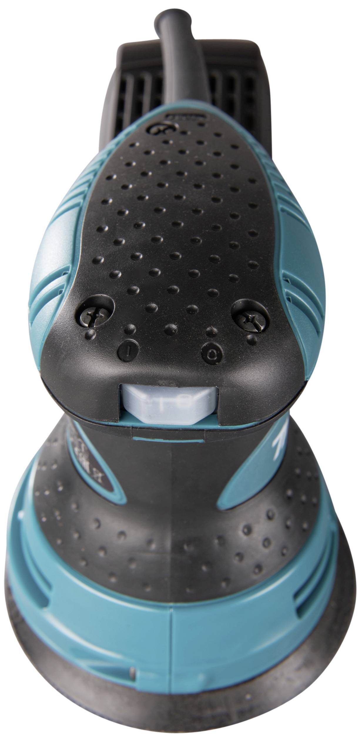 Ein blauer und schwarzer Handflächen-Schleifer aus Kunststoff, von oben gesehen. Das Gerät hat ein ergonomisches Design.