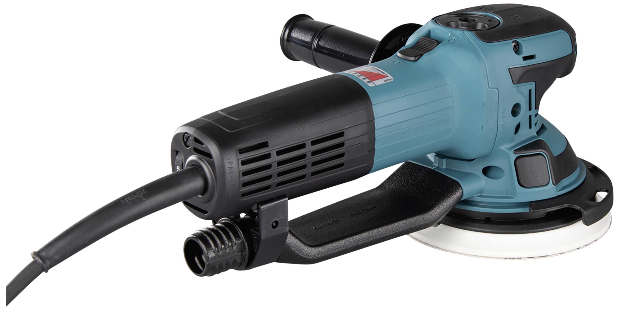 Eine blaue elektrische Handpoliermaschine mit schwarzem Griff liegt seitlich. Das Kabel ist angeschlossen und zeigt nach links.