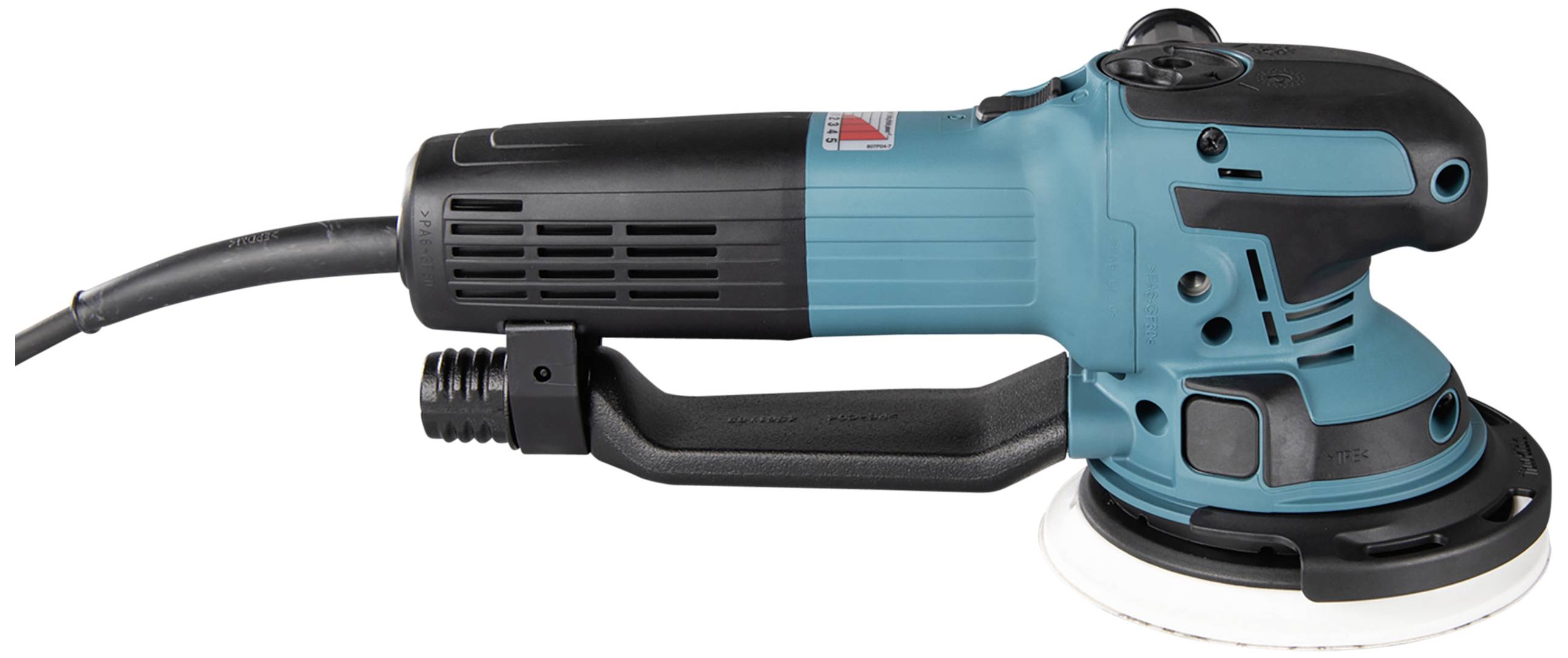 Ein blau-schwarzer elektrischer Exzenterschleifer mit einem schwarzen Griff und einer weißen Schleifscheibe.