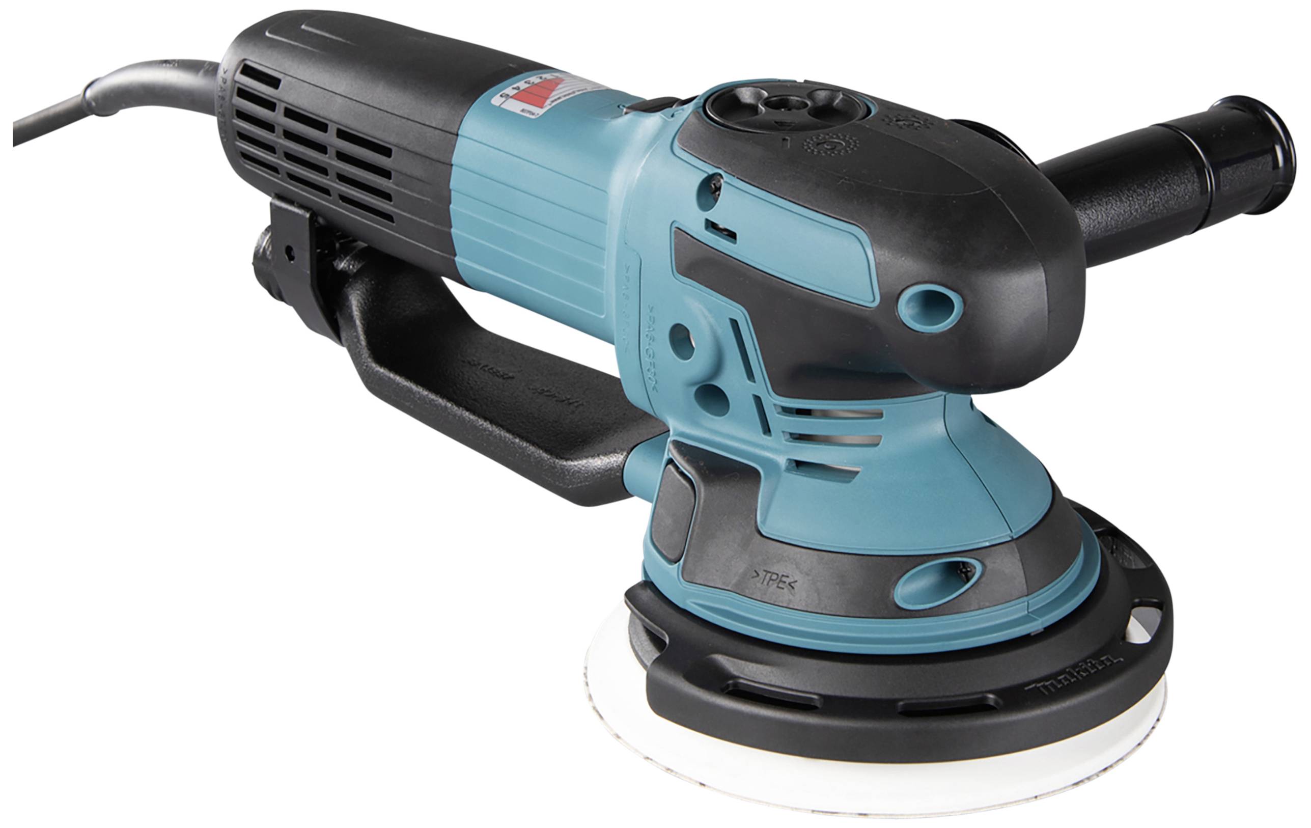 Eine elektrische Exzenterschleifmaschine in Blau und Schwarz, mit Kabel und Griff, liegt auf einer weißen Oberfläche.