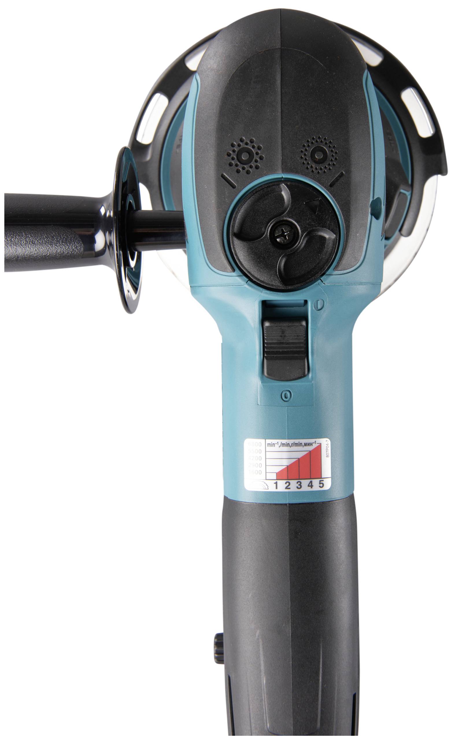 Elektrische Schleifmaschine in blauer und schwarzer Farbe mit Griff und Scheibe. Drehzahlregler und Einstellknopf sichtbar.