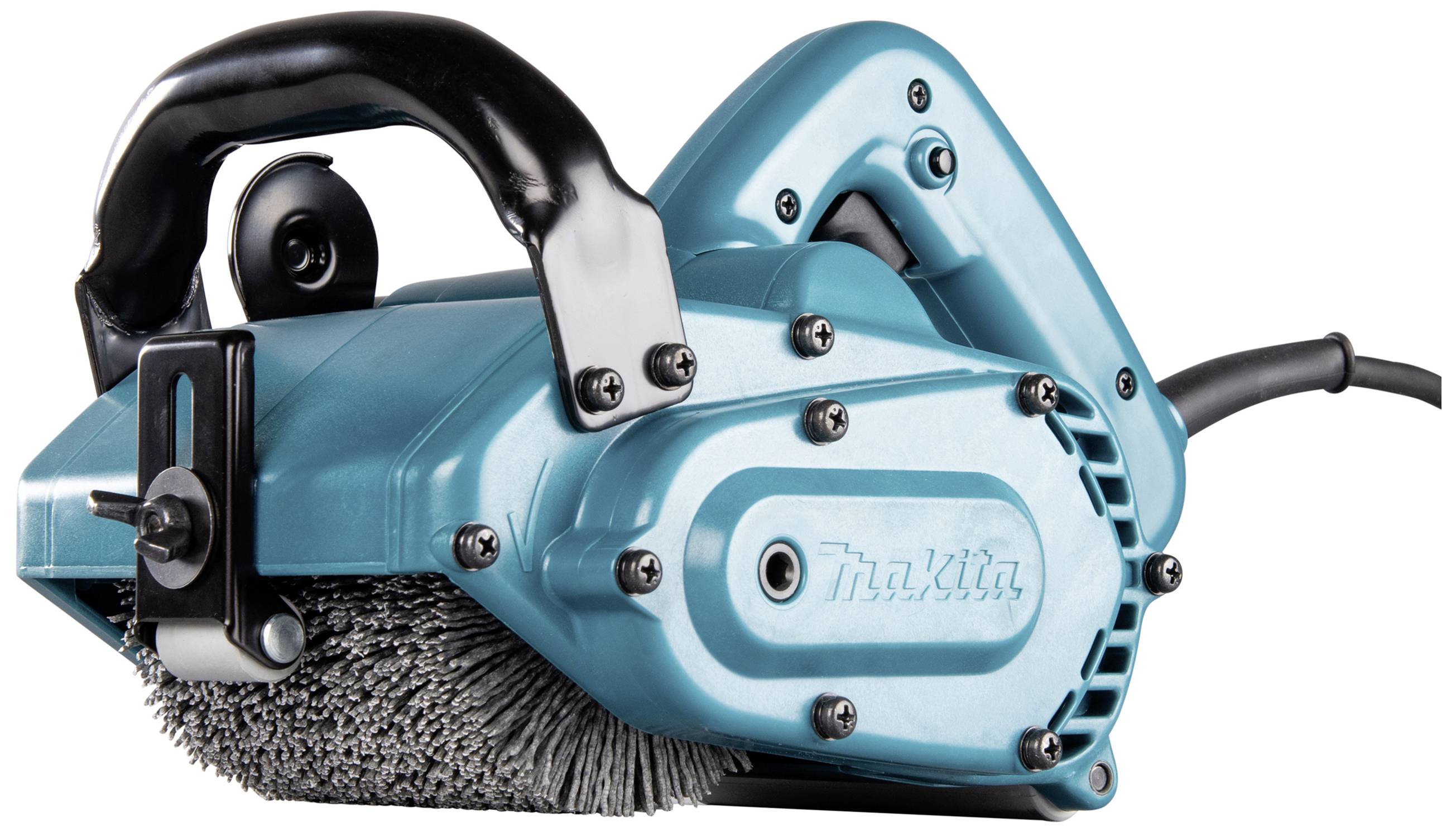 Elektrische Handbürste in Blau mit ergonomischem Griff und Metallbürstenaufsatz, geeignet zum Reinigen oder Schleifen von Oberflächen.