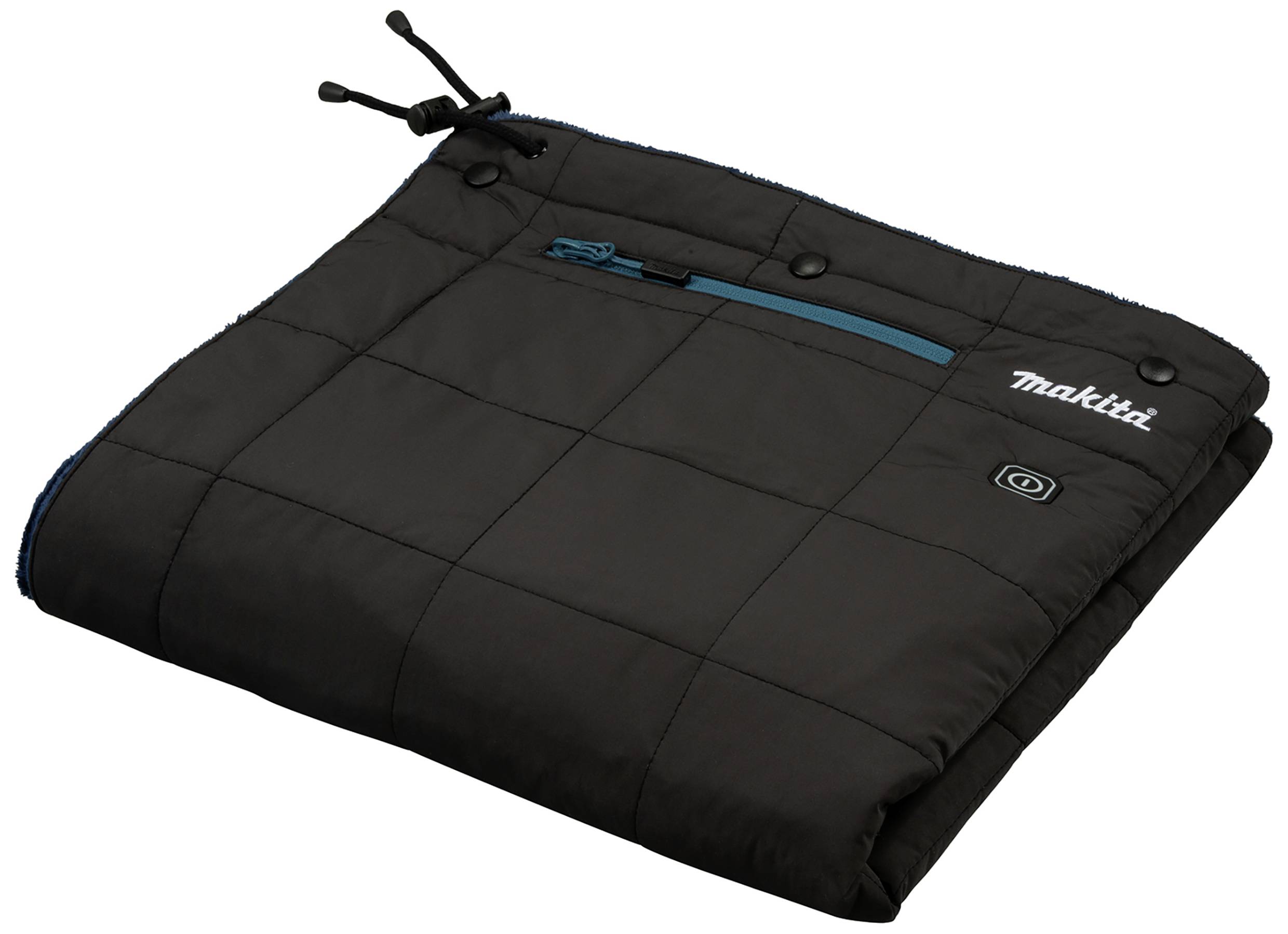 Ein zusammengefaltetes, schwarzes Heizkissen mit blauer Ziertasche und Logo.