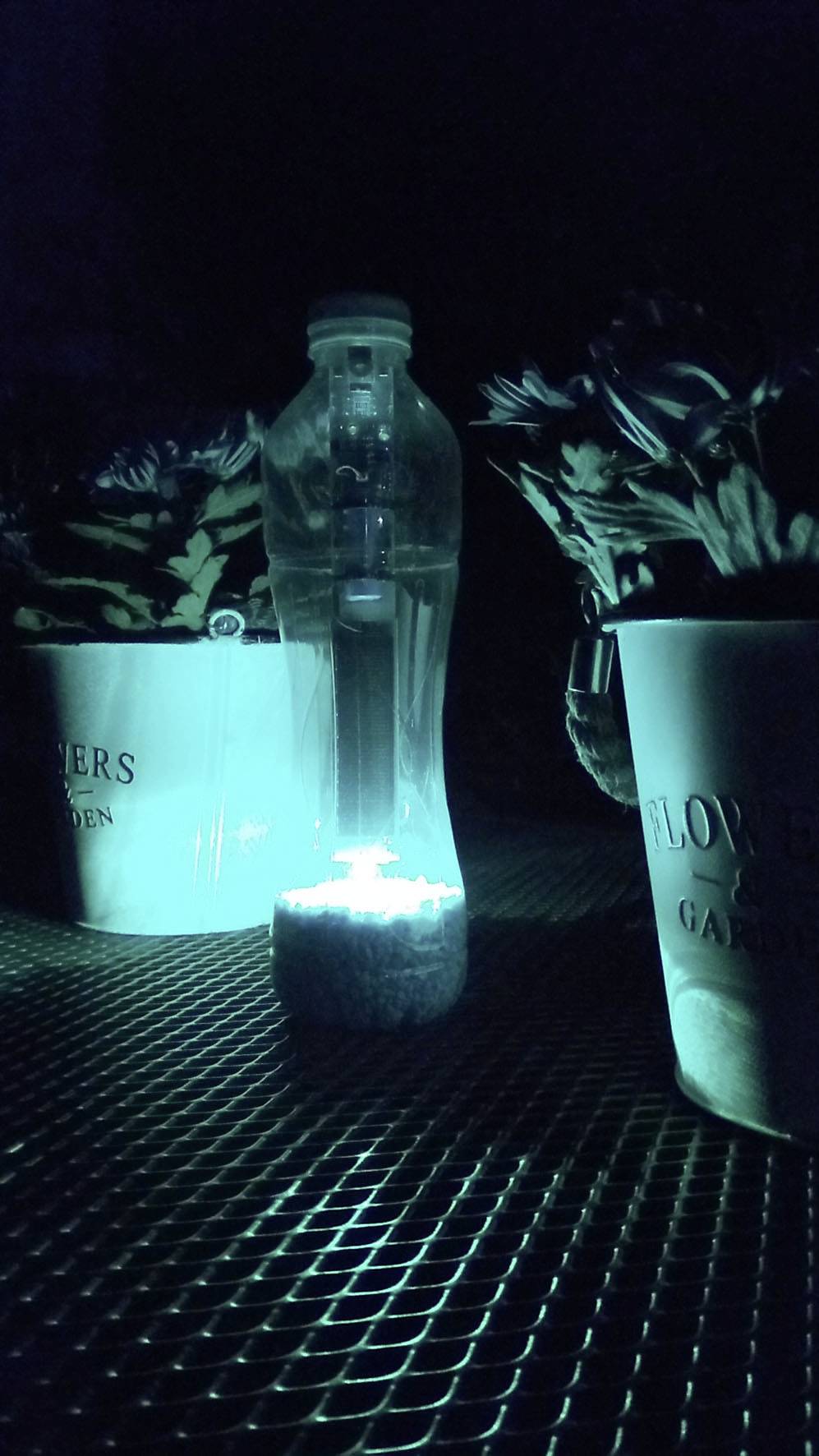 Eine Plastikflasche mit blauem Licht steht zwischen zwei Pflanzentöpfen auf einem Metallgitter. Es ist dunkel.