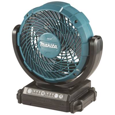 Ein tragbarer, blauer Ventilator der Marke Makita, stehend auf einer schwarzen Basis mit Bedienelementen und Schutzgitter davor.