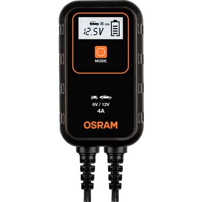 Ladegerät von OSRAM zur Batterieaufladung für 6V und 12V. Zeigt '12.5V' auf dem Display an. Geeignet für Motorräder und Autos.
