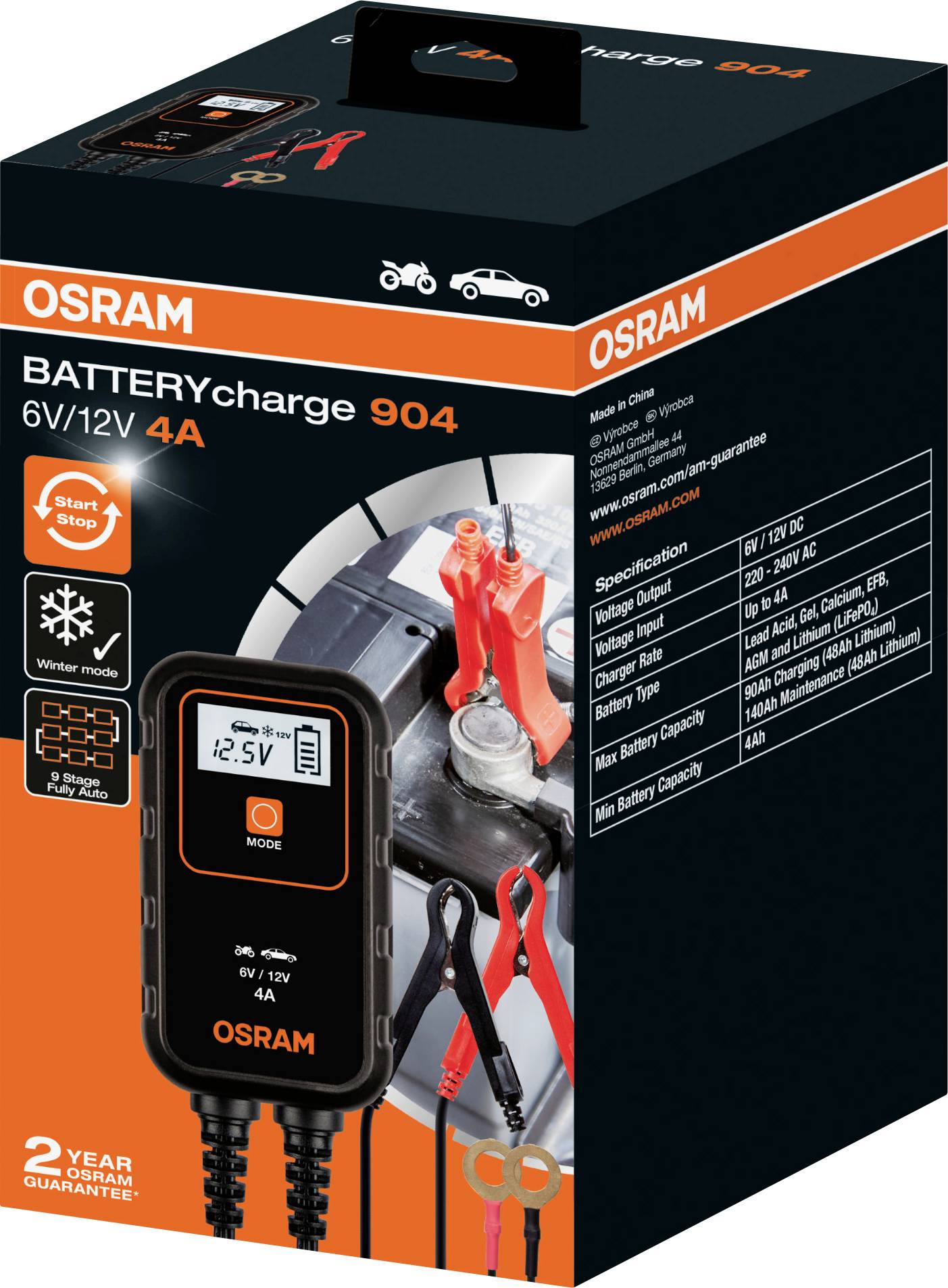 Osram Battery Charge 904 6V/12V 4A Batterieladegerät-Verpackung. Bild des Ladegeräts mit Krokodilklemmen und Bedienknöpfen.