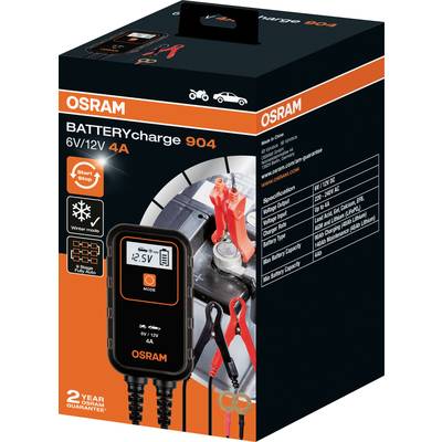 Osram Battery Charge 904 6V/12V 4A Batterieladegerät-Verpackung. Bild des Ladegeräts mit Krokodilklemmen und Bedienknöpfen.