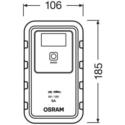 Das Bild zeigt ein OSRAM-Gerät zur Batterieaufladung mit 6V/12V und 6A. Maße: 106 mm Breite und 185 mm Höhe, mit Motorrad- und Autosymbolen.