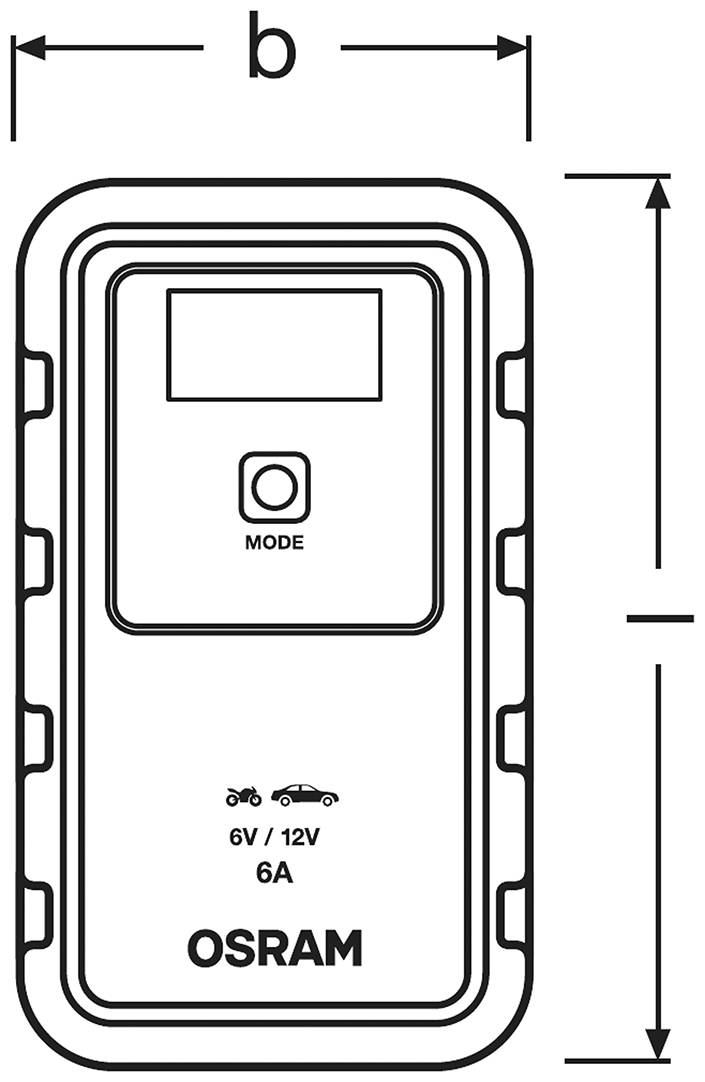 Abbildung eines OSRAM-Ladegeräts für 6V/12V und 6A mit Modustaste. Geeignet für Motorräder und Autos. Maße mit Symbolen angegeben.