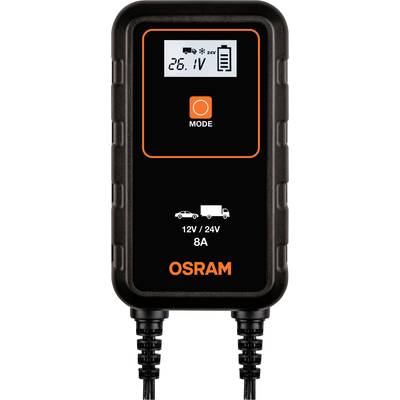 Ladegerät für Auto- und Lkw-Batterien mit Anzeige für Spannung (26,1V), Modus-Taste, Symbolen für 12V/24V und 8A, Marke OSRAM.