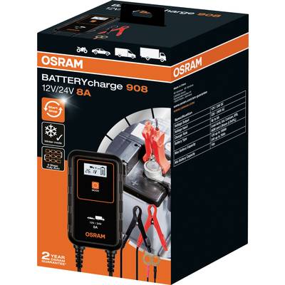 Osram BATTERYcharge 908, Ladegerät 12/24V 8A. Verpackung zeigt Gerät mit Klemmen, geeignet für Autos, Motorräder und Boote. 2 Jahre Garantie.