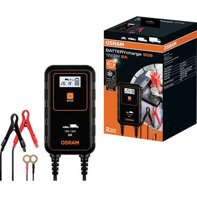 Batterieladegerät von OSRAM für 12V/24V Batterien, Modell 908, zeigt Ladestatus auf dem Display. Kabel und Klemmen sind abgebildet.