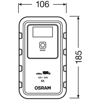 Abbildung zeigt ein rechteckiges elektrisches Gerät mit 'OSRAM', 'MODE'-Taste, Symbolen für Auto und Lkw. Maße: 106 x 185 mm.