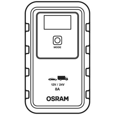 'OSRAM Ladegerät', zeigt eine Ladeanzeige mit '12V / 24V', '8A', Autosymbol und Modustaste. Geeignet für Pkw und Lkw.