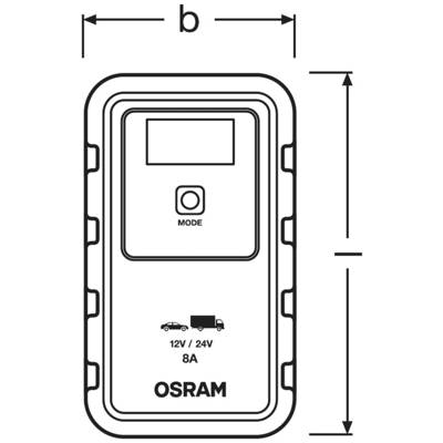 Abbildung eines OSRAM-Produkts: Ein rechteckiges elektronisches Gerät mit 'MODE'-Taste. Geeignet für 12V/24V, 8A, zeigt Symbole für Auto und LKW.