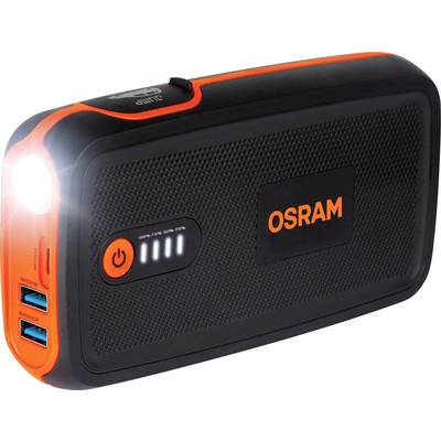 Ein tragbares Ladegerät mit einer LED-Leuchte, USB-Anschlüssen und einem Akkuladestandanzeiger.