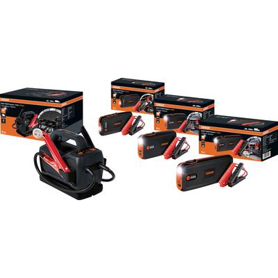 Fünf Autobatteriestarter von COBAN in mehreren Verpackungen, mit roten Kabeln und Ladestandanzeige, auf weißem Hintergrund.