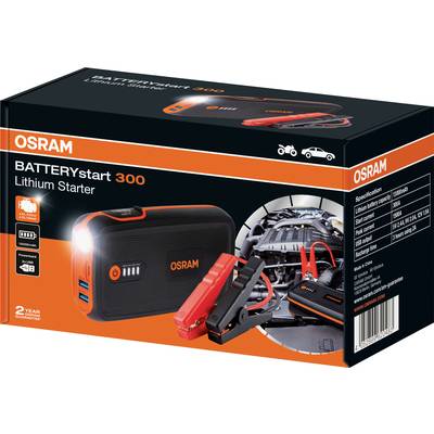 'BATTERYstart 300' Lithium-Starter von OSRAM, abgebildet neben einem Autobatteriemotor. Verpackung betont Portabilität und LED-Lampe.